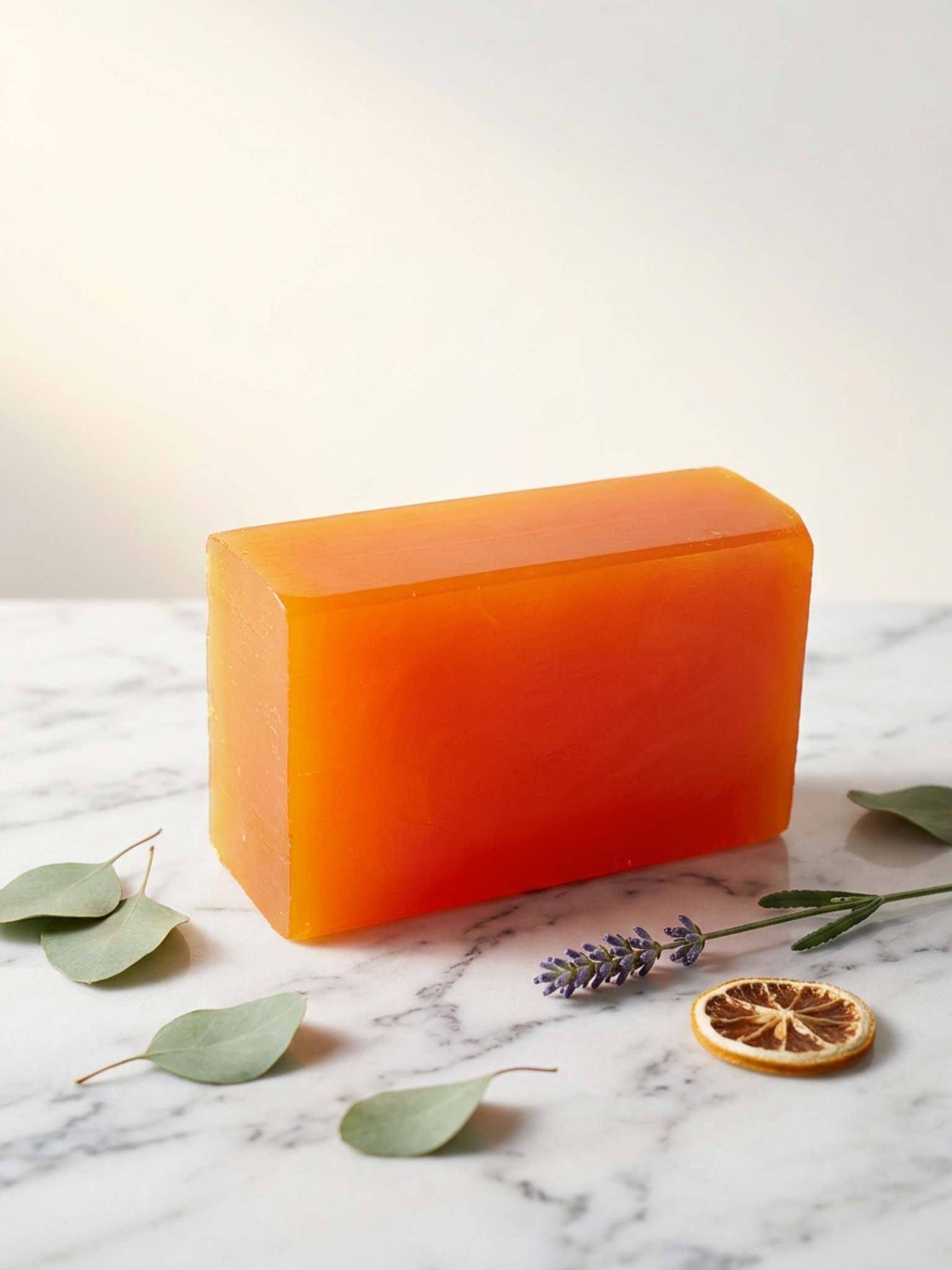 Amber laundry soap bar on marble with eucalyptus and lavender